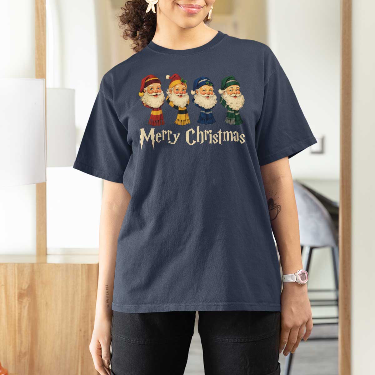 Merry Christmas Santa T Shirt For Women Vintage Wizard Holiday Season Cute Family Pajama - Wonder Print Shop