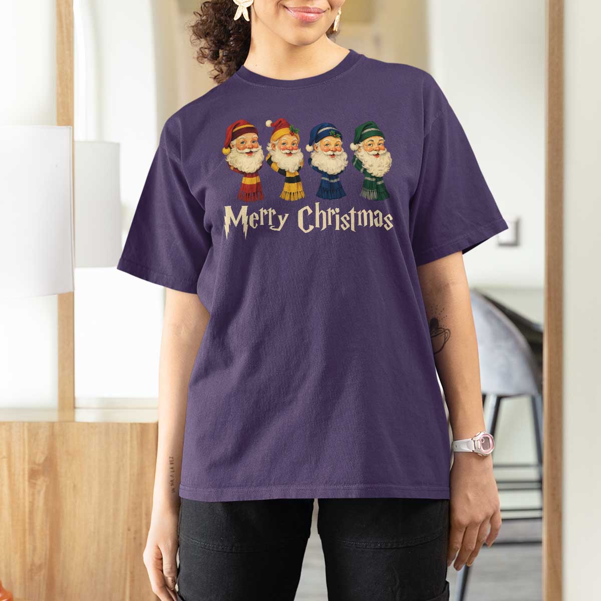 Merry Christmas Santa T Shirt For Women Vintage Wizard Holiday Season Cute Family Pajama - Wonder Print Shop