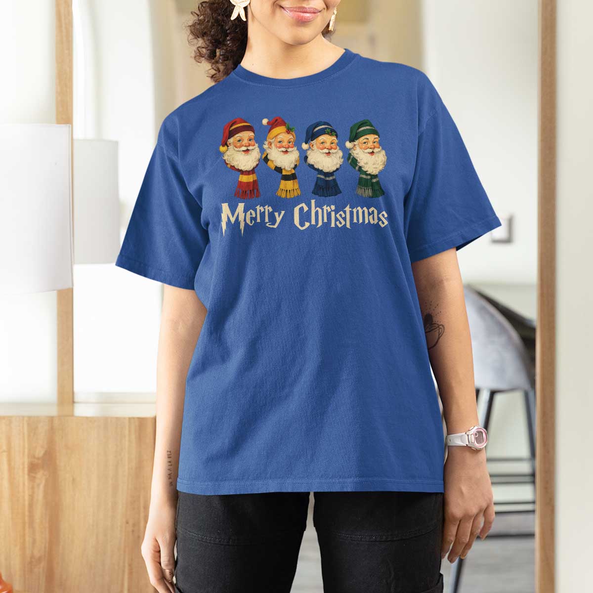 Merry Christmas Santa T Shirt For Women Vintage Wizard Holiday Season Cute Family Pajama - Wonder Print Shop