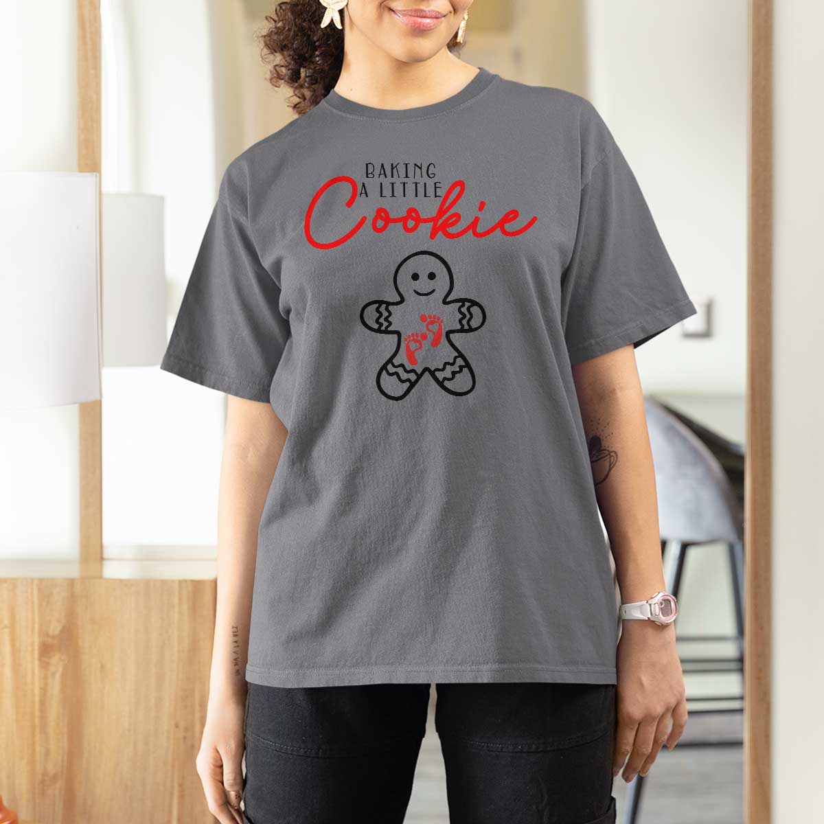 Christmas Pregnant T Shirt For Women Baking A Little Cookie Maternity Gingerbread - Wonder Print Shop