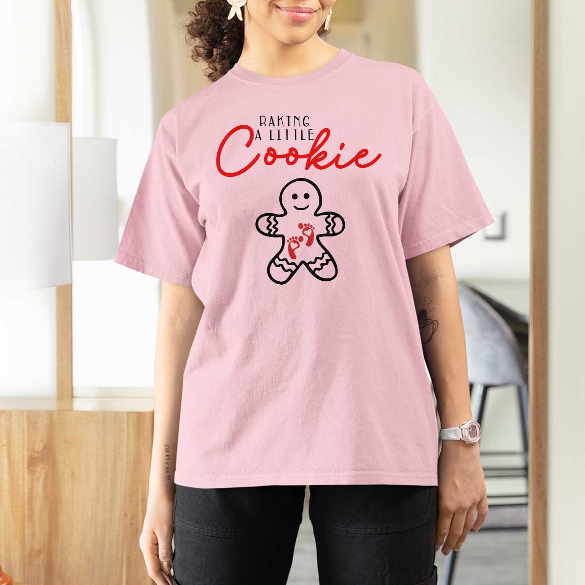 Christmas Pregnant T Shirt For Women Baking A Little Cookie Maternity Gingerbread - Wonder Print Shop