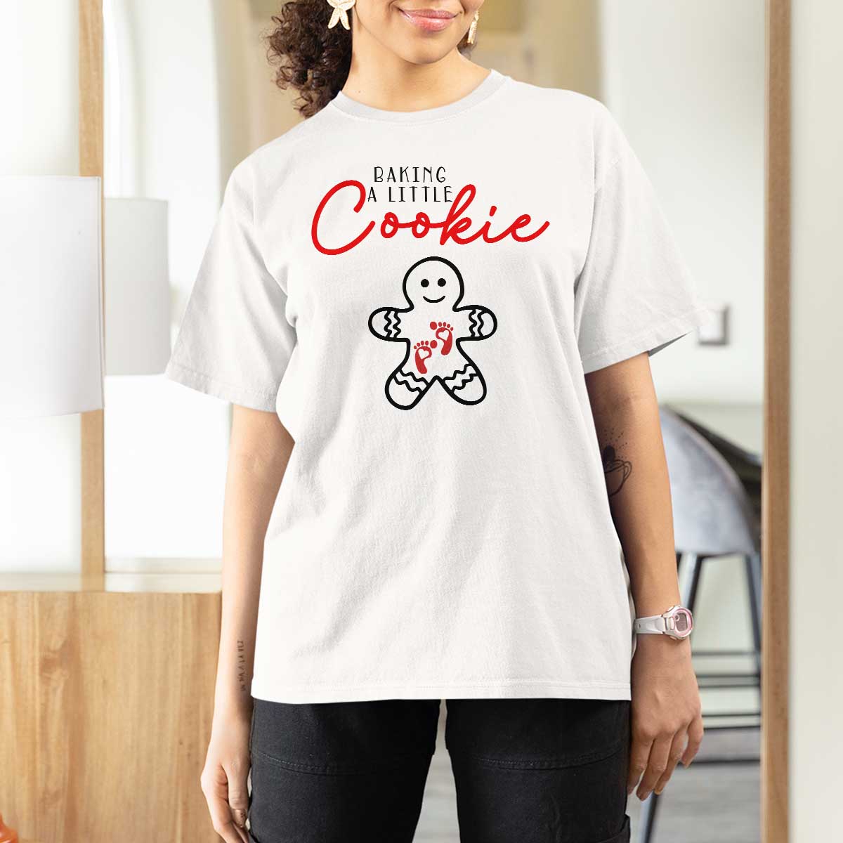 Christmas Pregnant T Shirt For Women Baking A Little Cookie Maternity Gingerbread - Wonder Print Shop