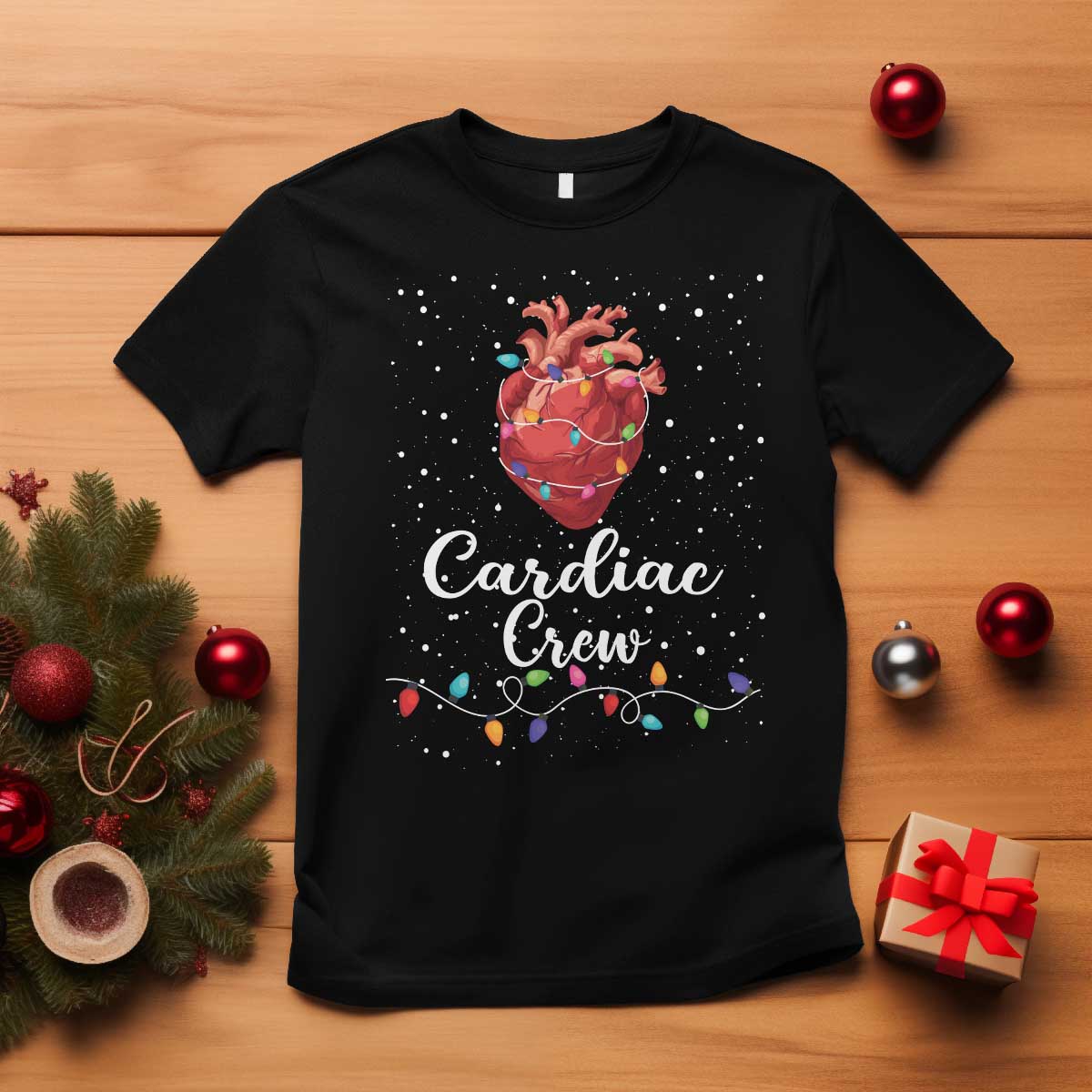 Christmas Cardiac Nurse T Shirt Cardiac Crew Anatomical Anatomy Xmas Heart With Lights - Wonder Print Shop