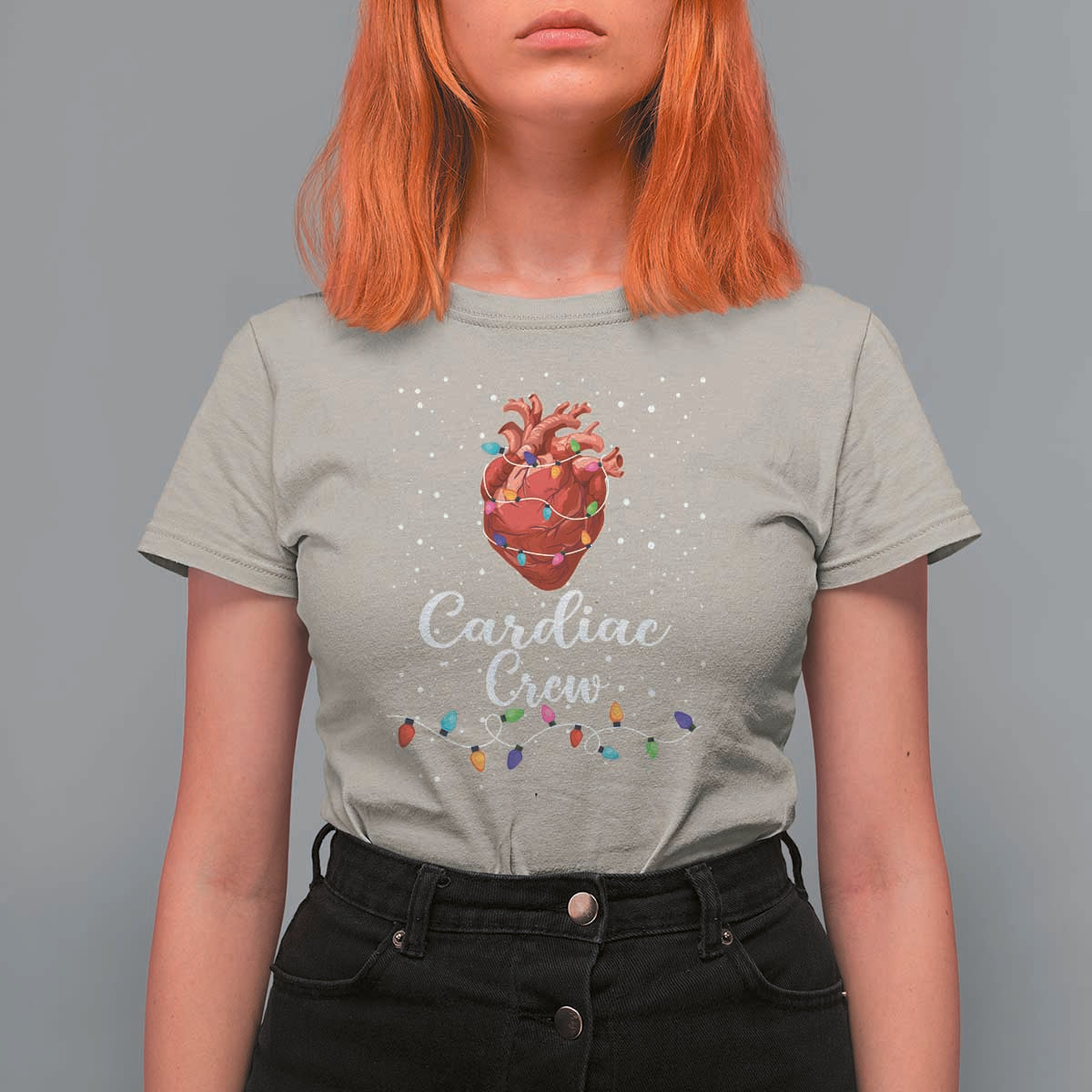 Christmas Cardiac Nurse T Shirt For Women Cardiac Crew Anatomical Anatomy Xmas Heart With Lights - Wonder Print Shop