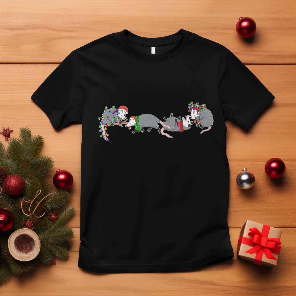 Opossum Christmas T Shirt Funny Wild Animals Xmas Lights - Wonder Print Shop