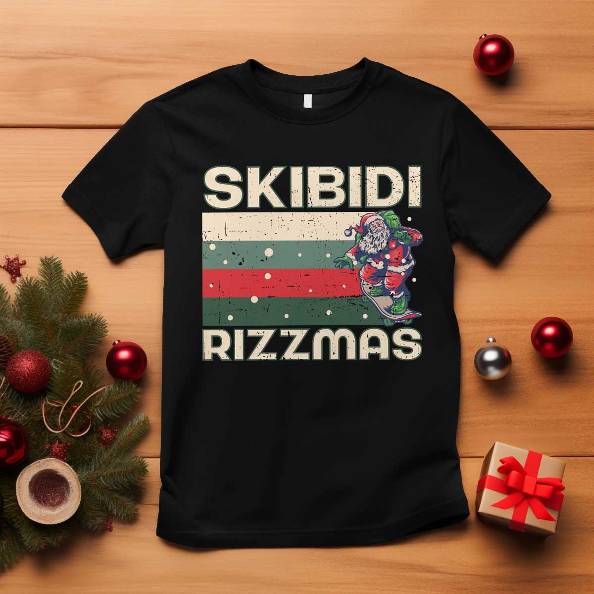 Funny Christmas T Shirt Skibidi Rizzmas Rizz Santa Clause Skating Board Xmas Retro Stripe - Wonder Print Shop