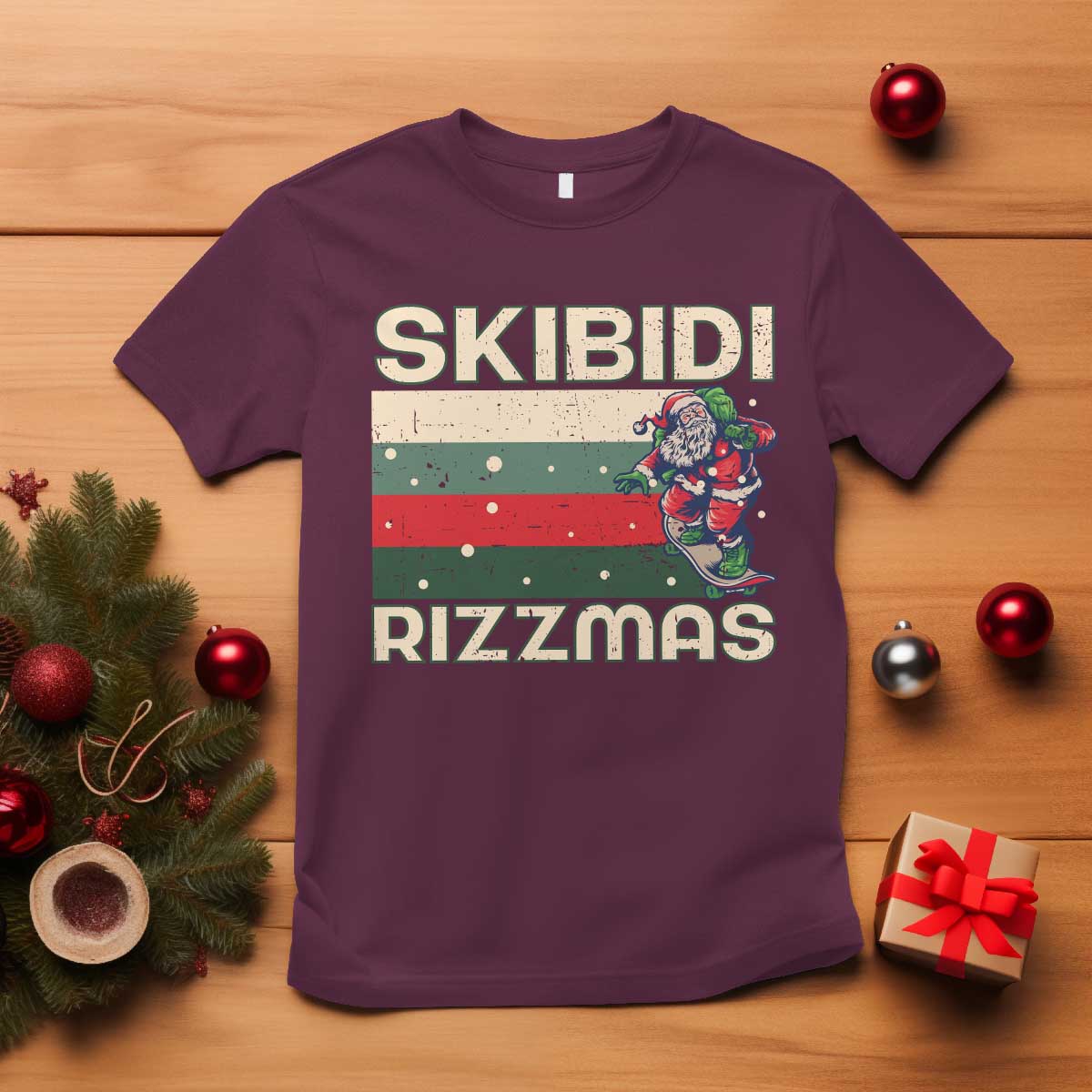 Funny Christmas T Shirt Skibidi Rizzmas Rizz Santa Clause Skating Board Xmas Retro Stripe - Wonder Print Shop