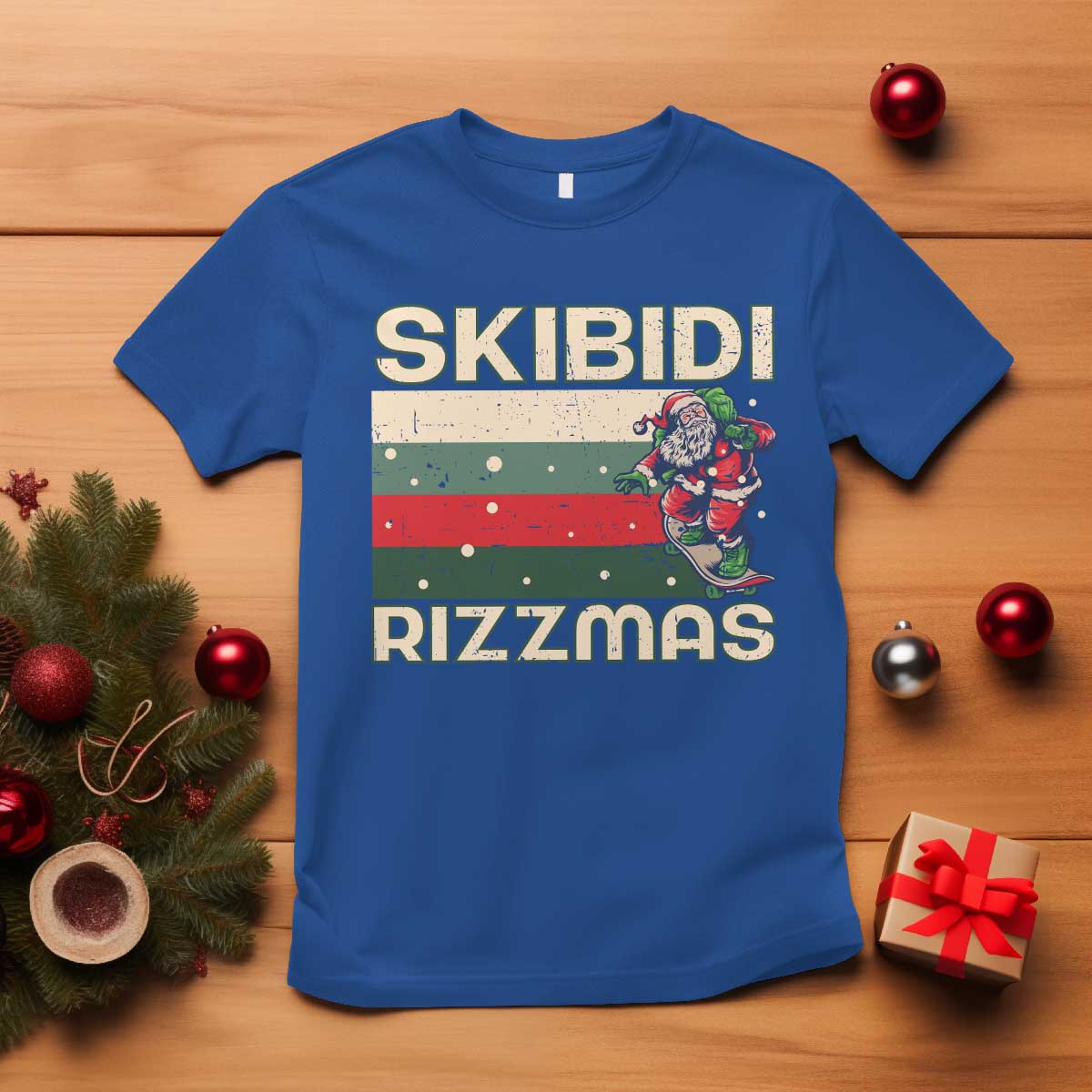 Funny Christmas T Shirt Skibidi Rizzmas Rizz Santa Clause Skating Board Xmas Retro Stripe - Wonder Print Shop