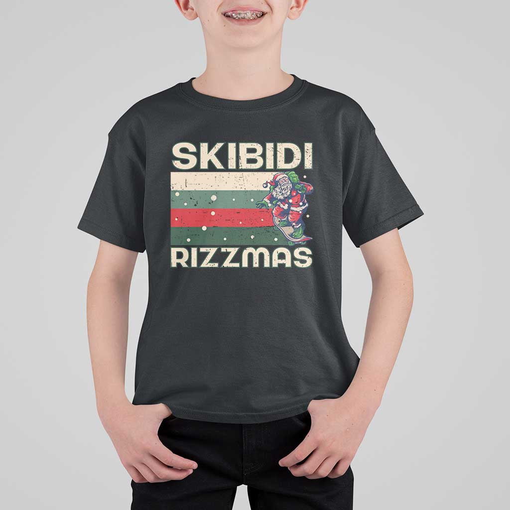 Funny Christmas T Shirt For Kid Skibidi Rizzmas Rizz Santa Clause Skating Board Xmas Retro Stripe - Wonder Print Shop