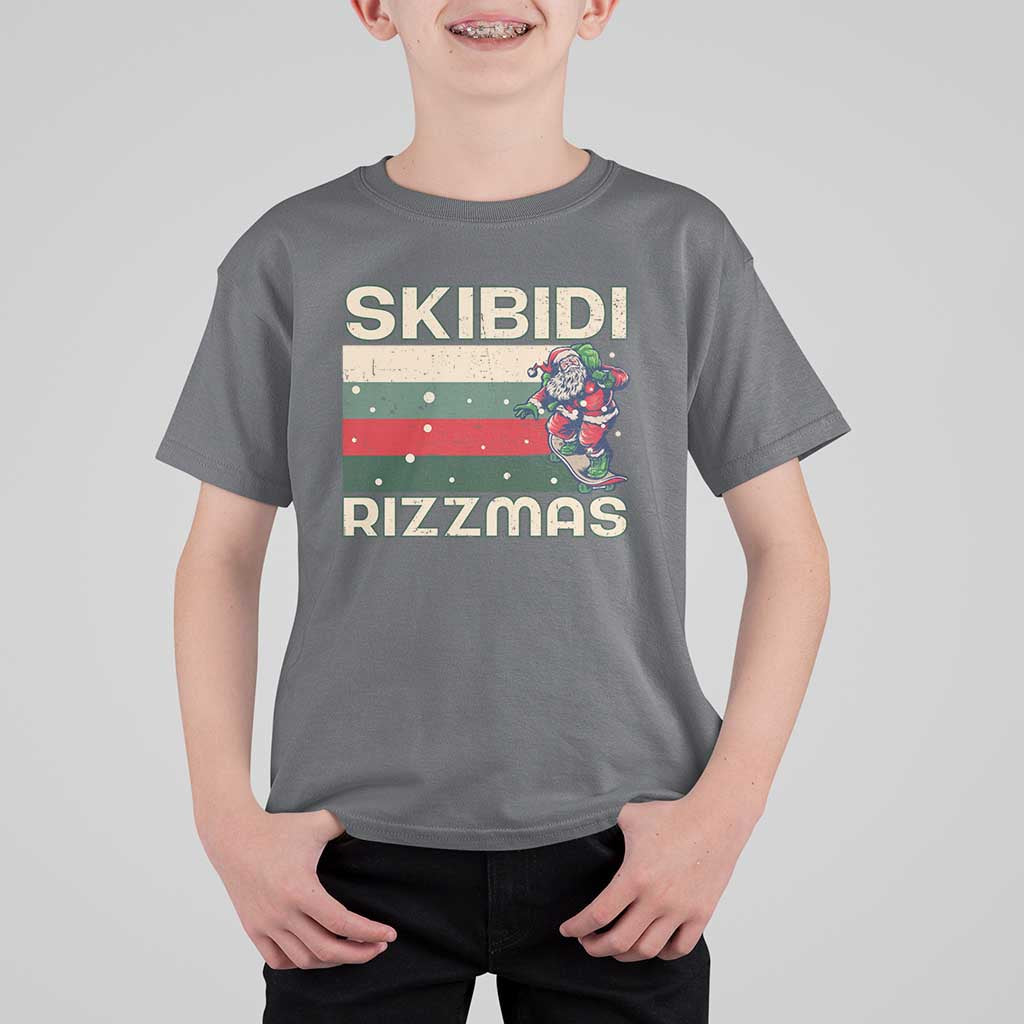 Funny Christmas T Shirt For Kid Skibidi Rizzmas Rizz Santa Clause Skating Board Xmas Retro Stripe - Wonder Print Shop
