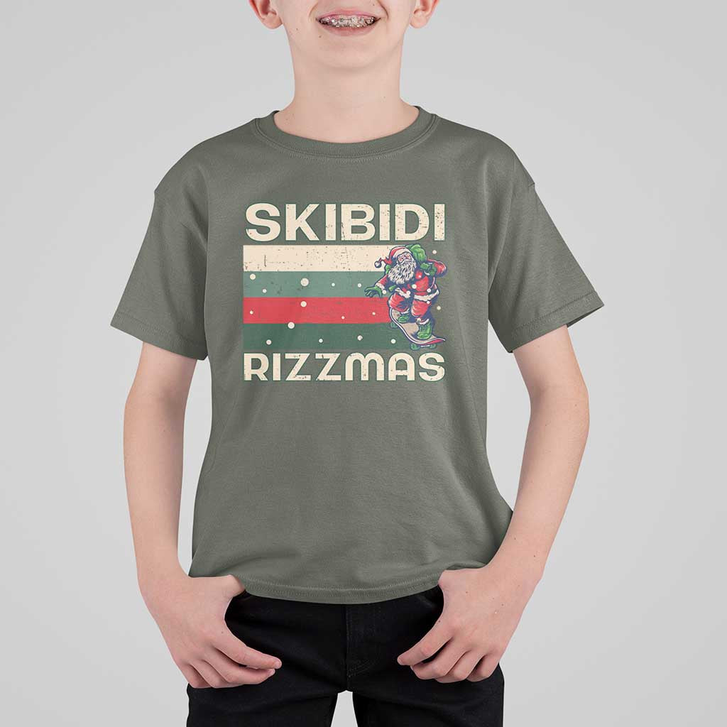 Funny Christmas T Shirt For Kid Skibidi Rizzmas Rizz Santa Clause Skating Board Xmas Retro Stripe - Wonder Print Shop