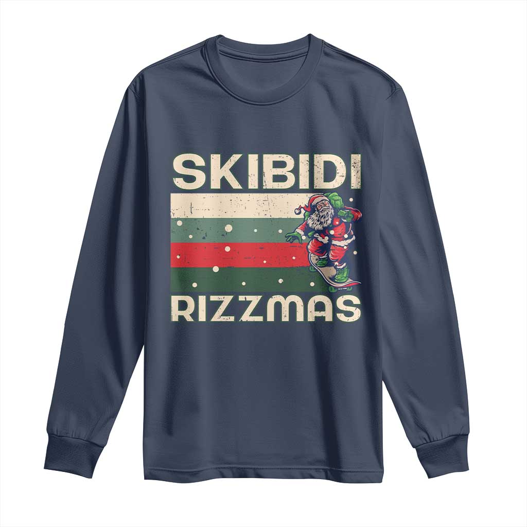 Funny Christmas Long Sleeve Shirt Skibidi Rizzmas Rizz Santa Clause Skating Board Xmas Retro Stripe