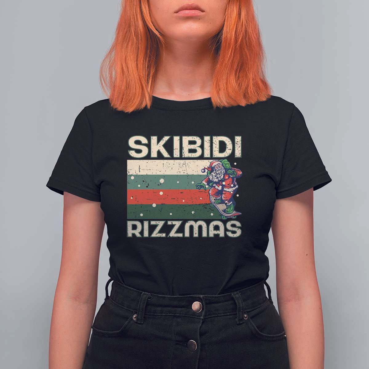 Funny Christmas T Shirt For Women Skibidi Rizzmas Rizz Santa Clause Skating Board Xmas Retro Stripe - Wonder Print Shop