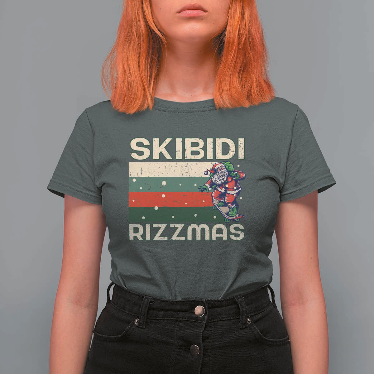 Funny Christmas T Shirt For Women Skibidi Rizzmas Rizz Santa Clause Skating Board Xmas Retro Stripe - Wonder Print Shop