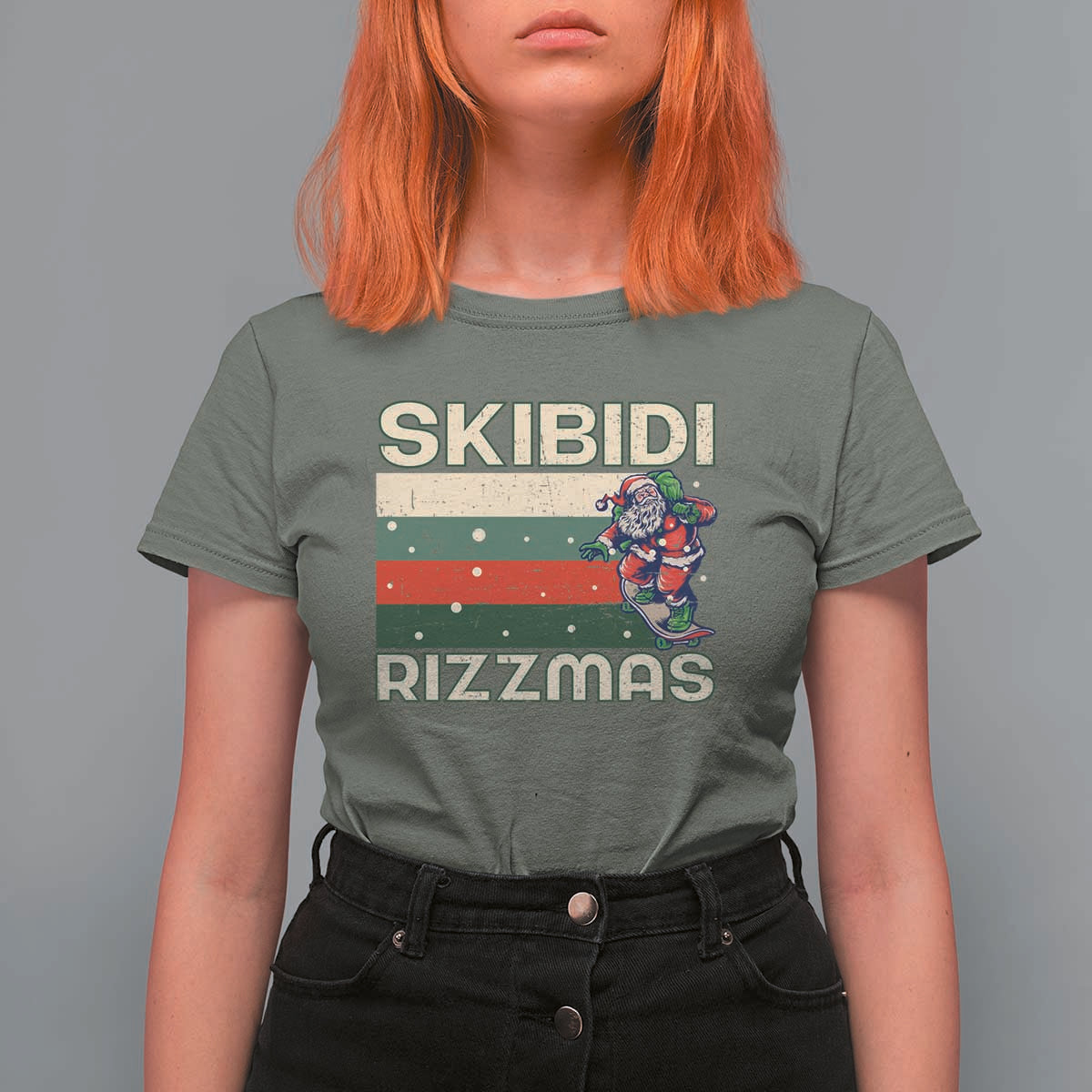Funny Christmas T Shirt For Women Skibidi Rizzmas Rizz Santa Clause Skating Board Xmas Retro Stripe - Wonder Print Shop