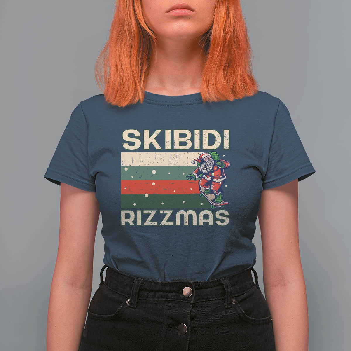 Funny Christmas T Shirt For Women Skibidi Rizzmas Rizz Santa Clause Skating Board Xmas Retro Stripe - Wonder Print Shop