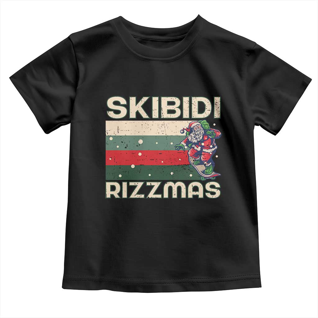 Funny Christmas Toddler T Shirt Skibidi Rizzmas Rizz Santa Clause Skating Board Xmas Retro Stripe