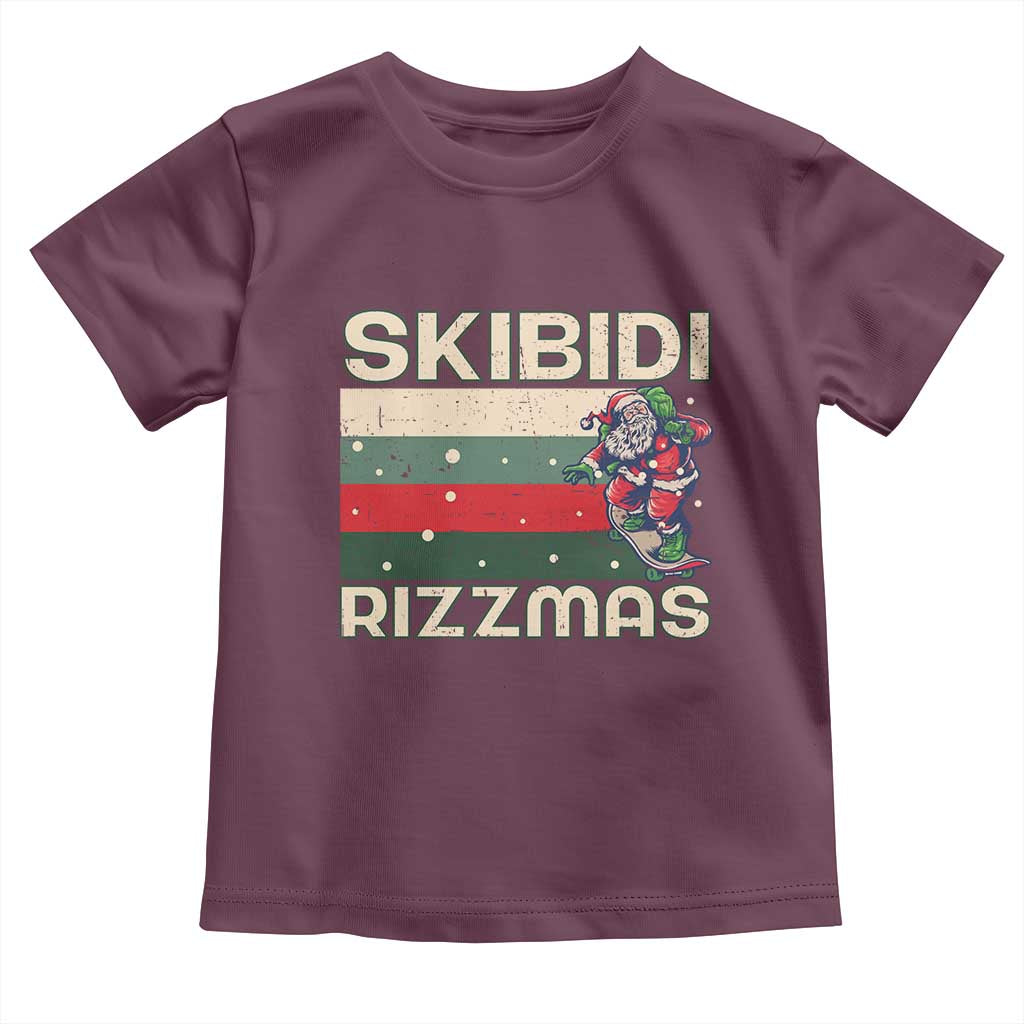 Funny Christmas Toddler T Shirt Skibidi Rizzmas Rizz Santa Clause Skating Board Xmas Retro Stripe