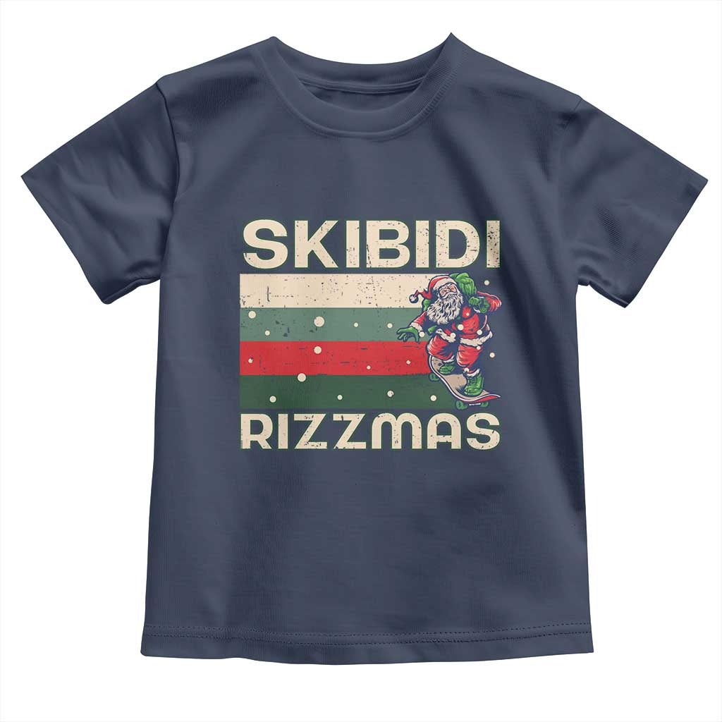 Funny Christmas Toddler T Shirt Skibidi Rizzmas Rizz Santa Clause Skating Board Xmas Retro Stripe