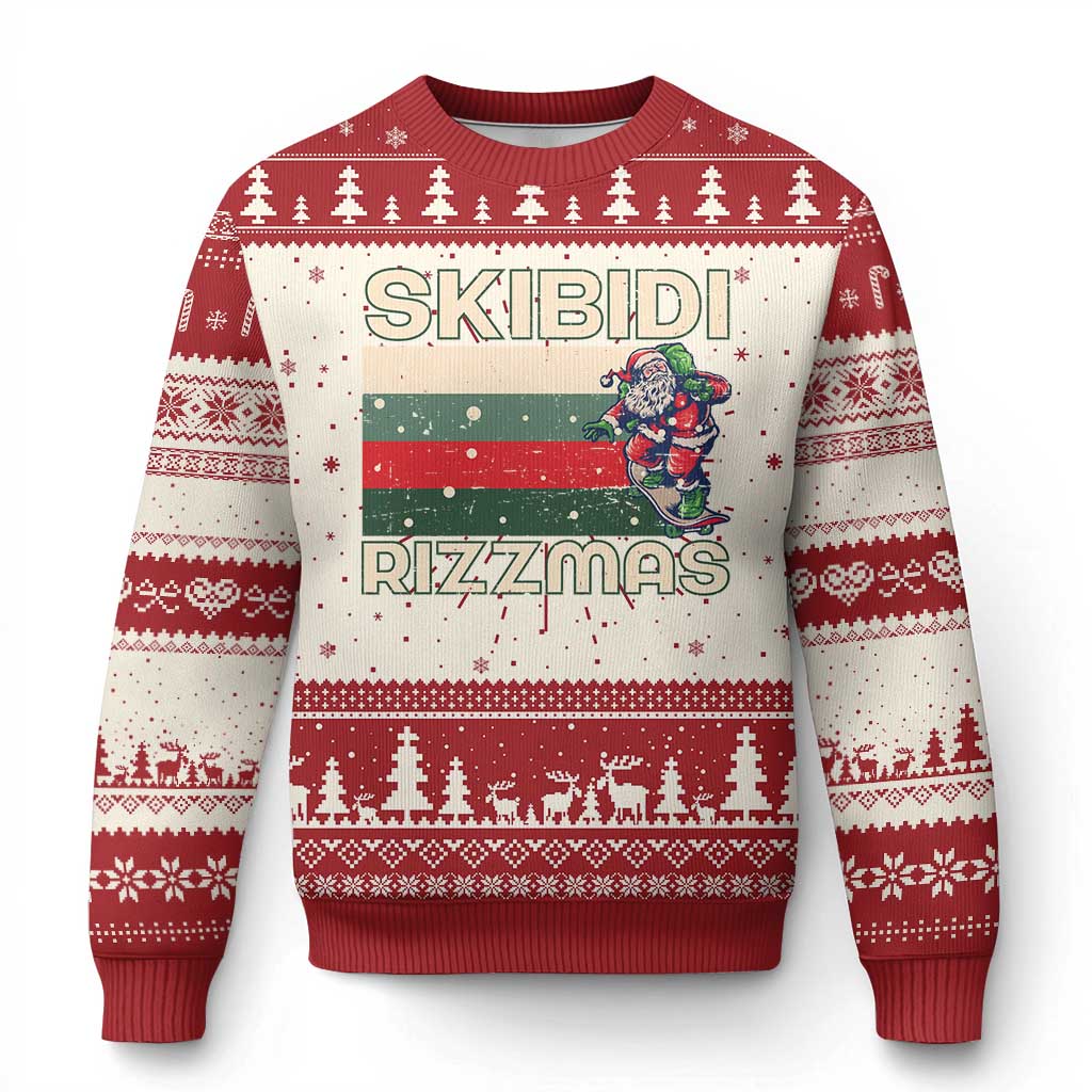 Funny Ugly Christmas Sweater Skibidi Rizzmas Rizz Santa Clause Skating Board Xmas Retro Stripe - Wonder Print Shop