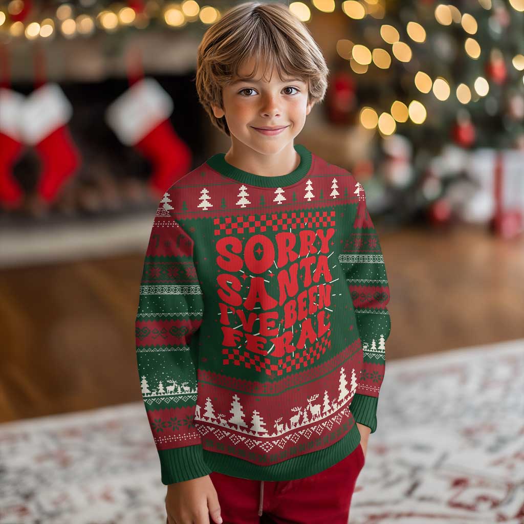 Baby Ugly Christmas Sweater Sorry Santa I've Been Feral Toddler Kids - Wonder Print Shop