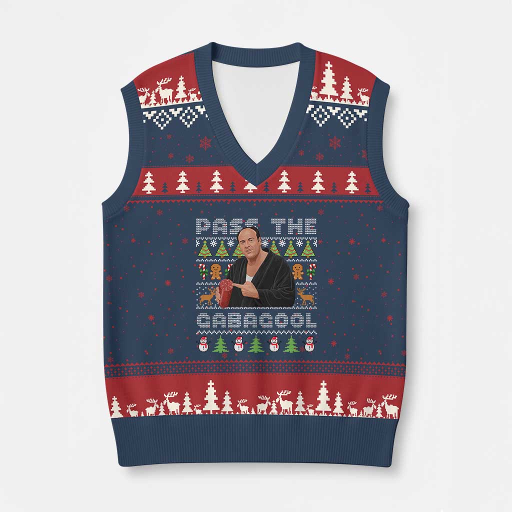 Christmas Pass The Gabagool V-Neck Knit Sweater Vest Retro TV Show Funny Ugly Xmas - Wonder Print Shop