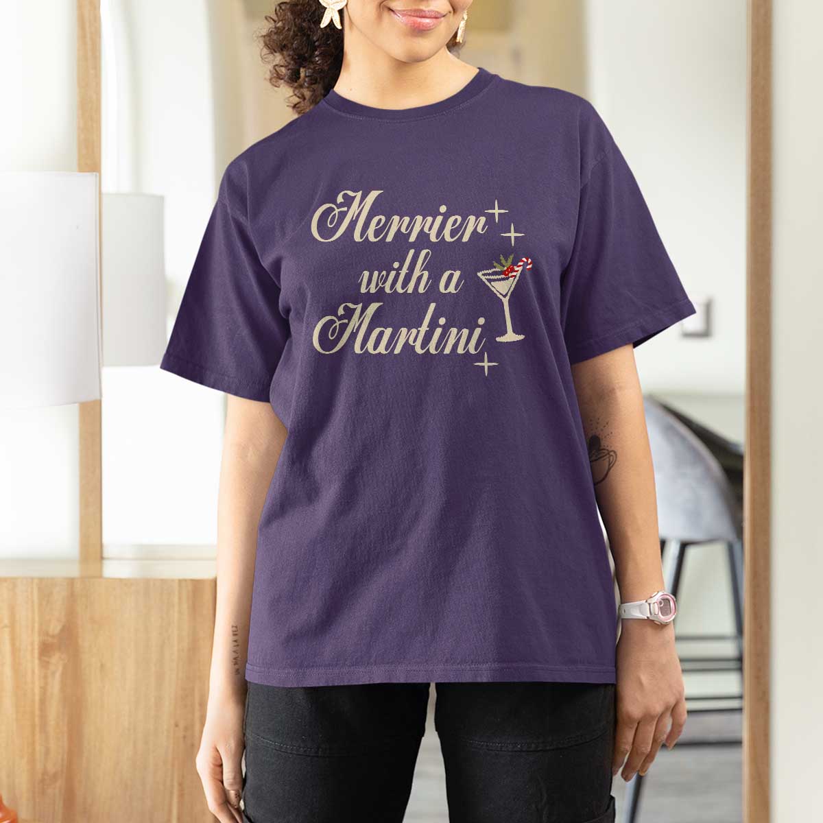 Merrier With a Martini Christmas T Shirt For Women - Wonder Print Shop