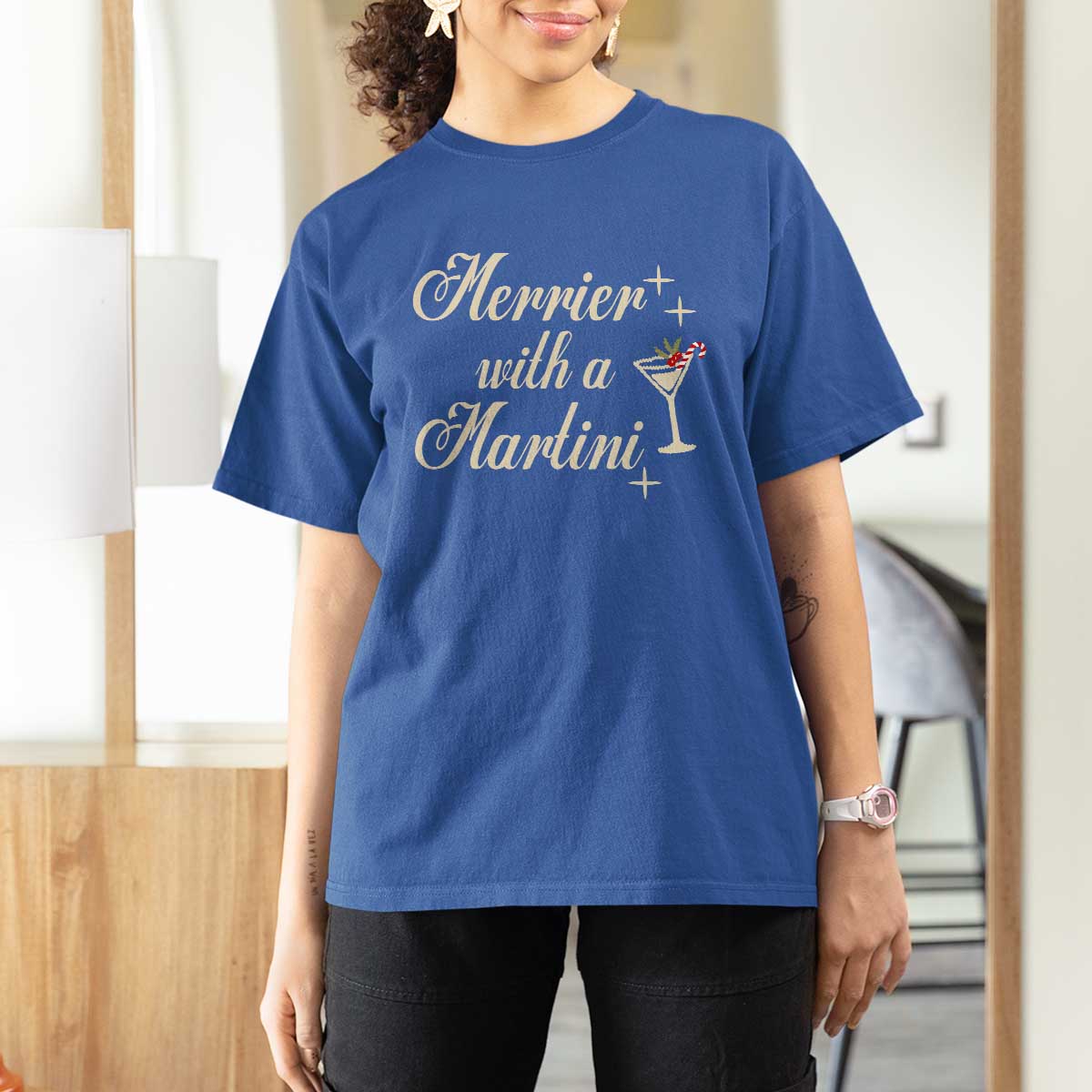 Merrier With a Martini Christmas T Shirt For Women - Wonder Print Shop