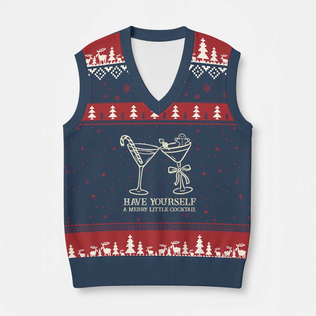 Xmas Cocktail V-Neck Knit Sweater Vest Merry Little Cocktail Espresso Martini - Wonder Print Shop
