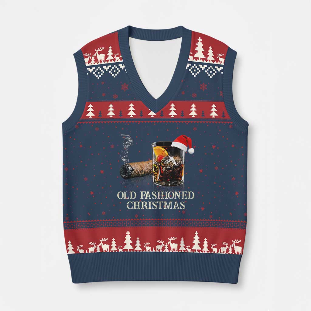 Old Fashioned Cocktail Xmas V-Neck Knit Sweater Vest Funny Bourbon Cocktail Drink - Wonder Print Shop