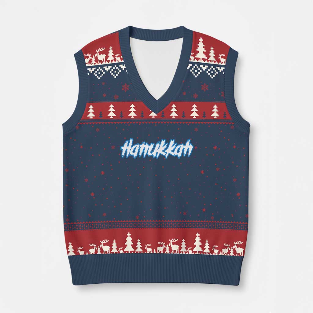 Hanukkah Heavy Metal V-Neck Knit Sweater Vest Jewish Menorah Dreidel - Wonder Print Shop