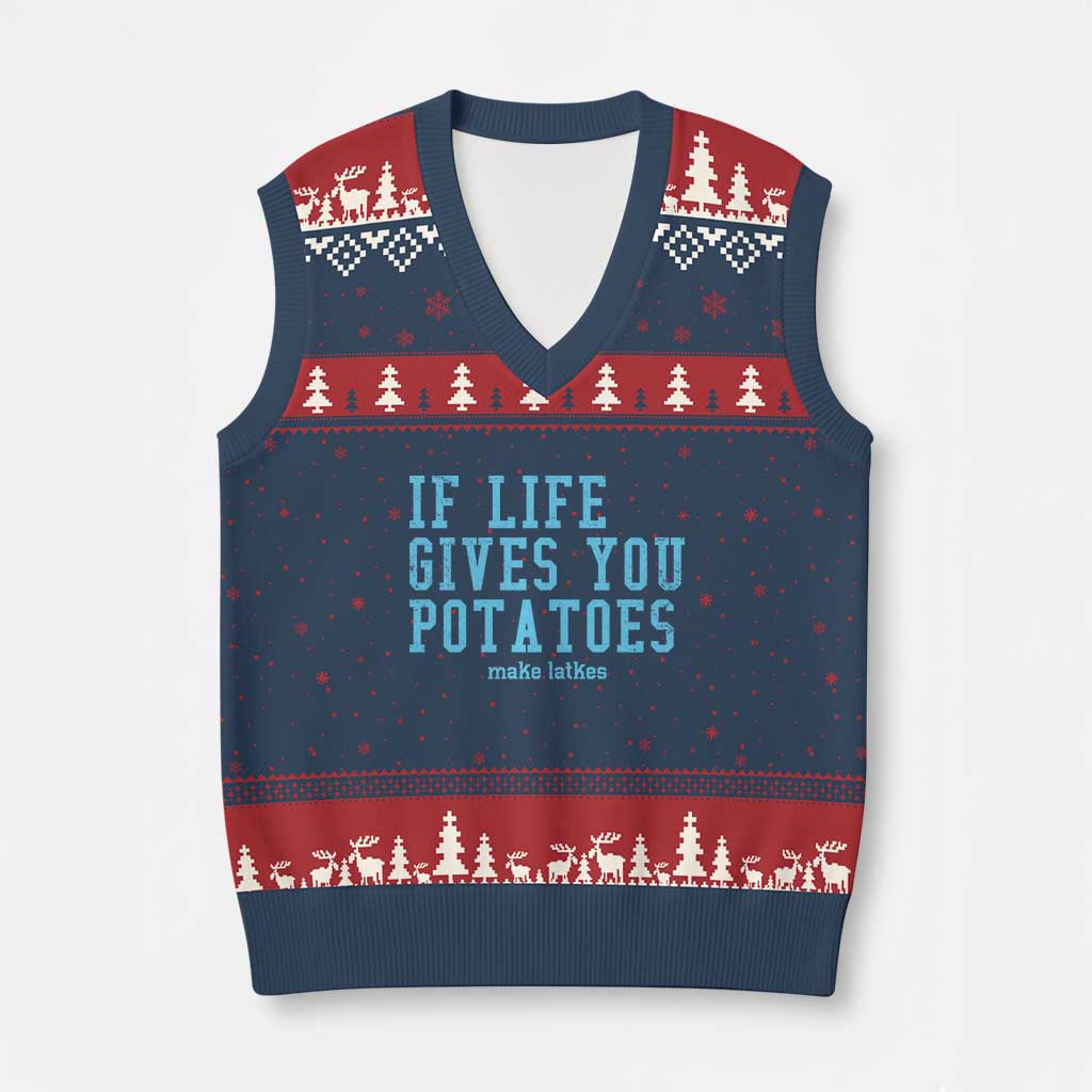 If Life Gives You Potatoes Make Latkes V-Neck Knit Sweater Vest Funny Hanukkah Gift Jewish Holiday - Wonder Print Shop