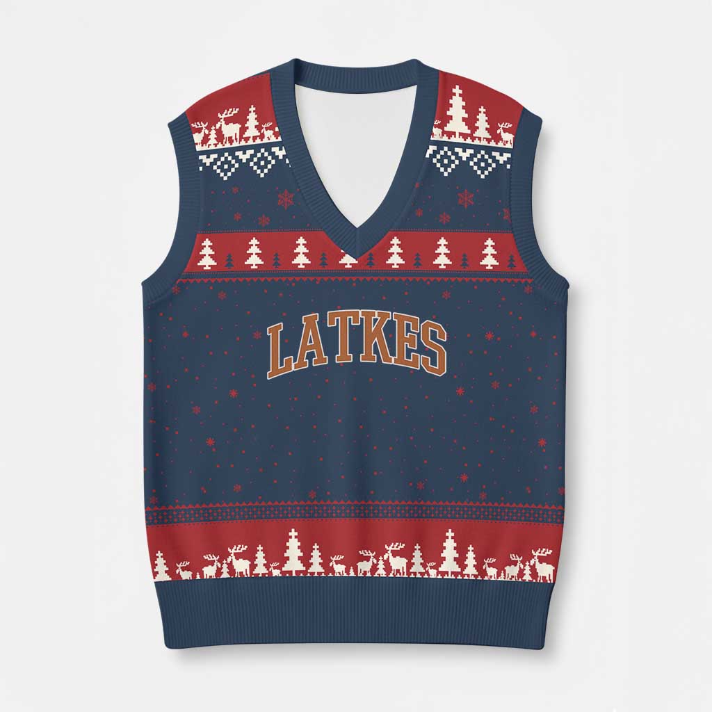 Latkes V-Neck Knit Sweater Vest Funny Hanukkah Gift Jewish Holiday Food Apparel - Wonder Print Shop