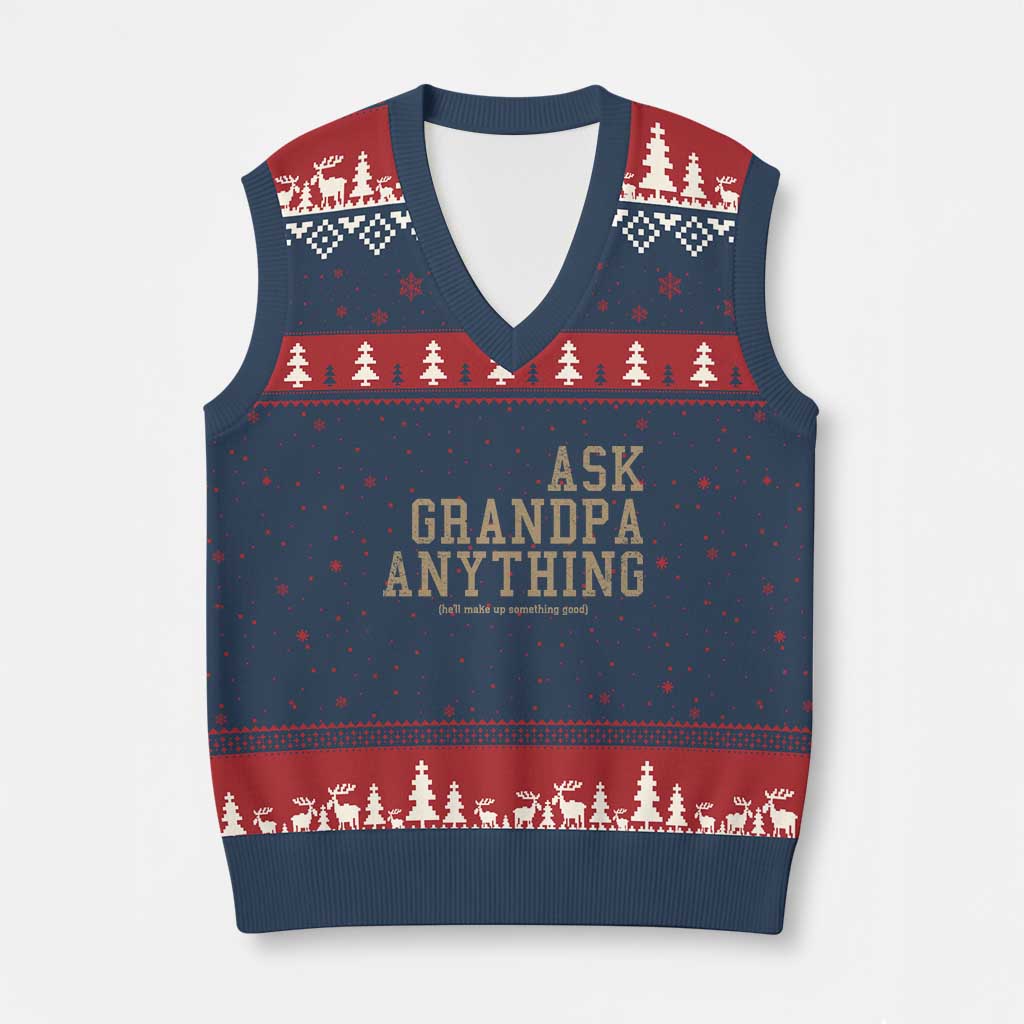 Funny Grandpa V-Neck Knit Sweater Vest Ask Grandpa Anything Fathers Day Gift - Wonder Print Shop