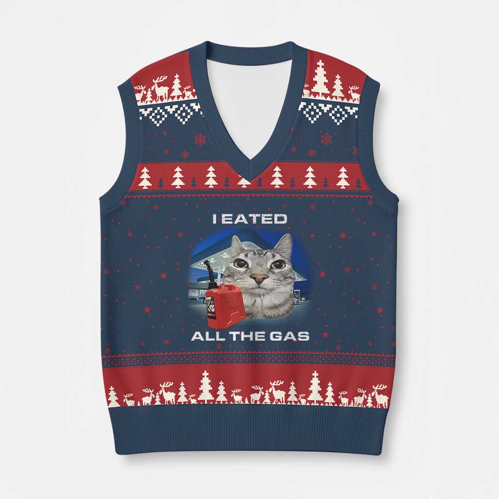 Sarcastic Cat Meme V-Neck Knit Sweater Vest Funny Retro I Eated All The Gas Gen Z Humor - Wonder Print Shop