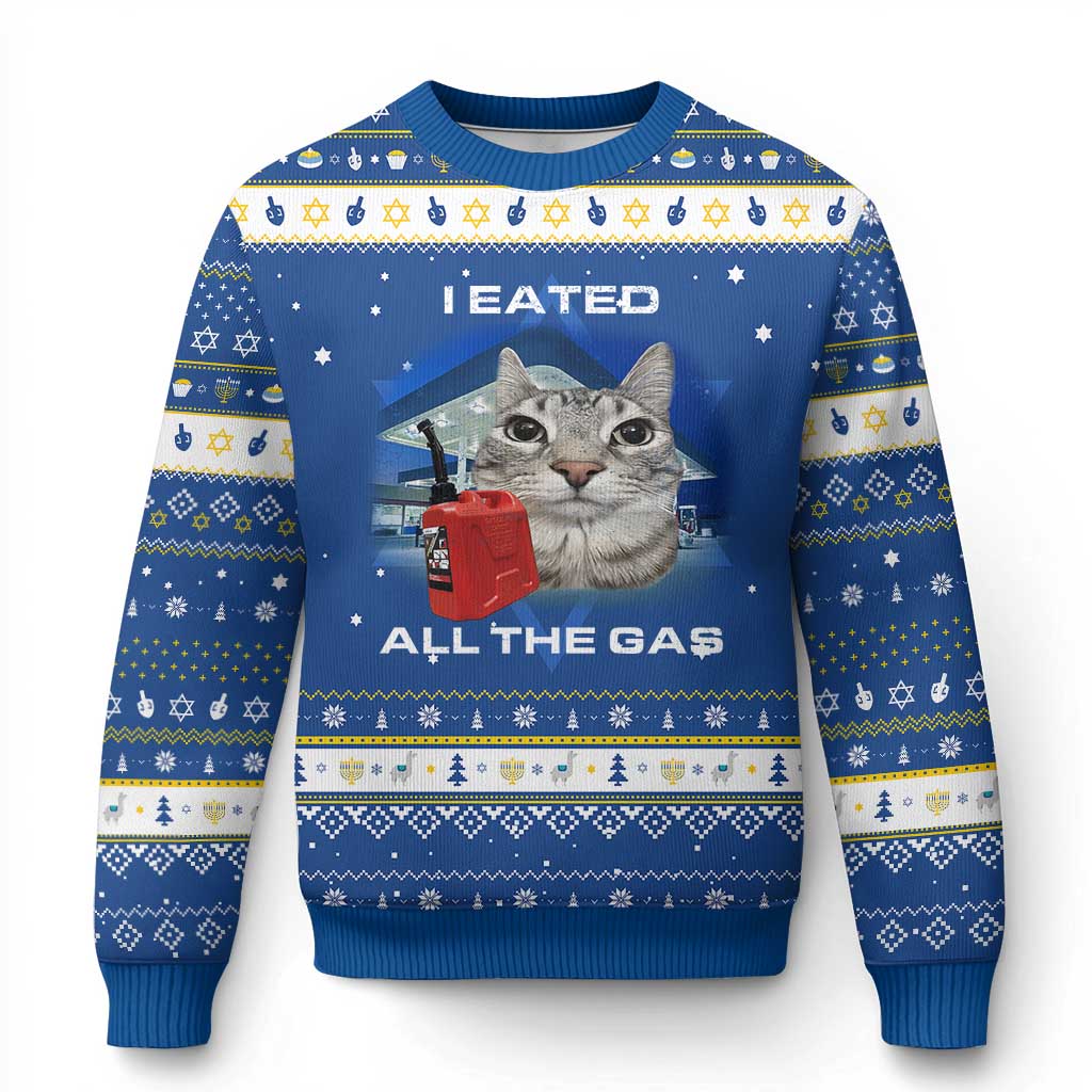 Sarcastic Cat Meme Hanukkah Ugly Sweater Funny Retro I Eated All The Gas Gen Z Humor - Wonder Print Shop