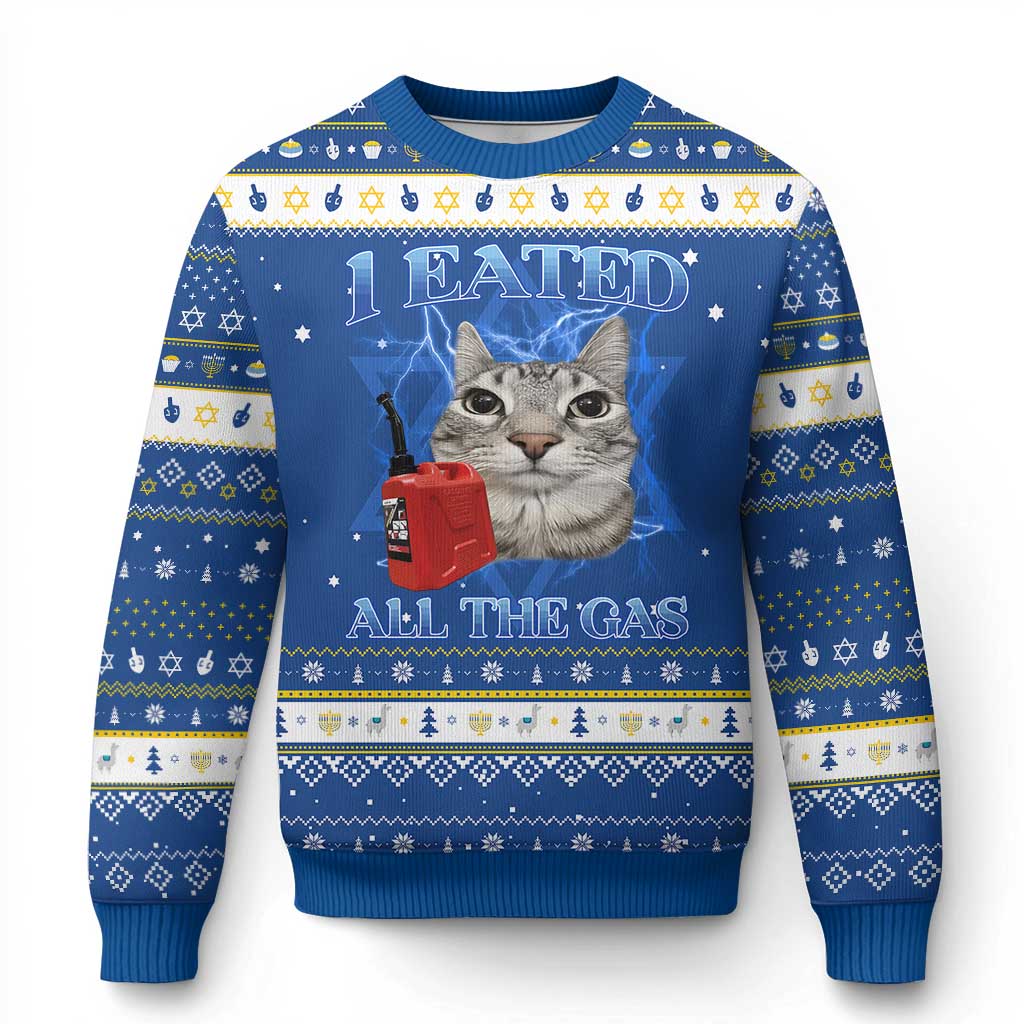 Sarcastic Cat Meme Hanukkah Ugly Sweater I Eated All The Gas Gen Z Humor Bootleg - Wonder Print Shop