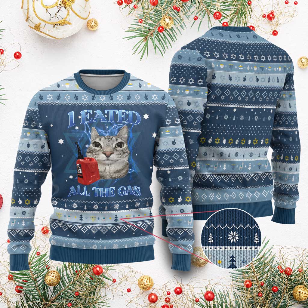 Sarcastic Cat Meme Hanukkah Ugly Sweater I Eated All The Gas Gen Z Humor Bootleg - Wonder Print Shop
