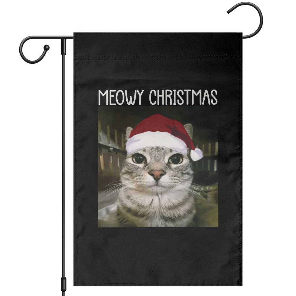 Meowy Christmas Garden Flag Xmas Silly Staring Cat Meme Santa Hat - Wonder Print Shop