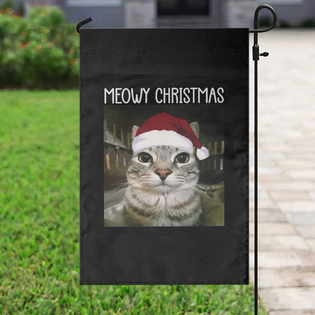 Meowy Christmas Garden Flag Xmas Silly Staring Cat Meme Santa Hat - Wonder Print Shop