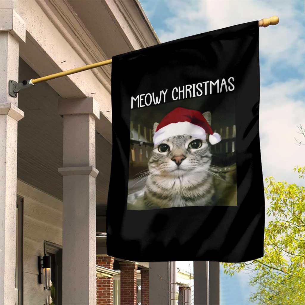 Meowy Christmas Garden Flag Xmas Silly Staring Cat Meme Santa Hat - Wonder Print Shop