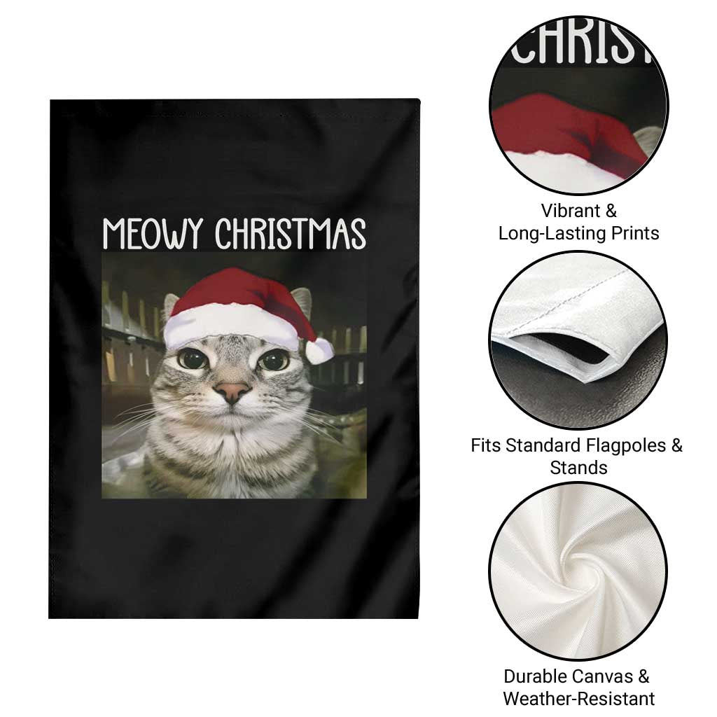 Meowy Christmas Garden Flag Xmas Silly Staring Cat Meme Santa Hat - Wonder Print Shop