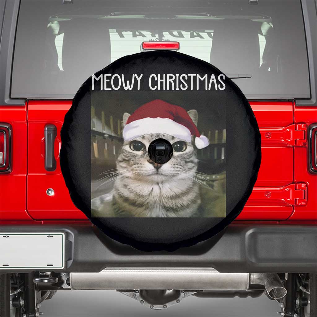 Meowy Christmas Spare Tire Cover Xmas Silly Staring Cat Meme Santa Hat - Wonder Print Shop