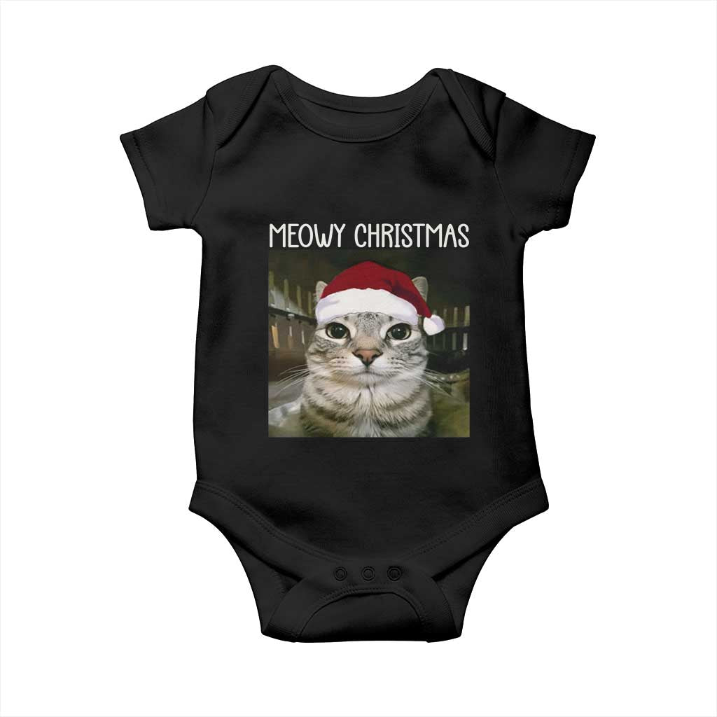 Meowy Christmas Baby Onesie Xmas Silly Staring Cat Meme Santa Hat - Wonder Print Shop