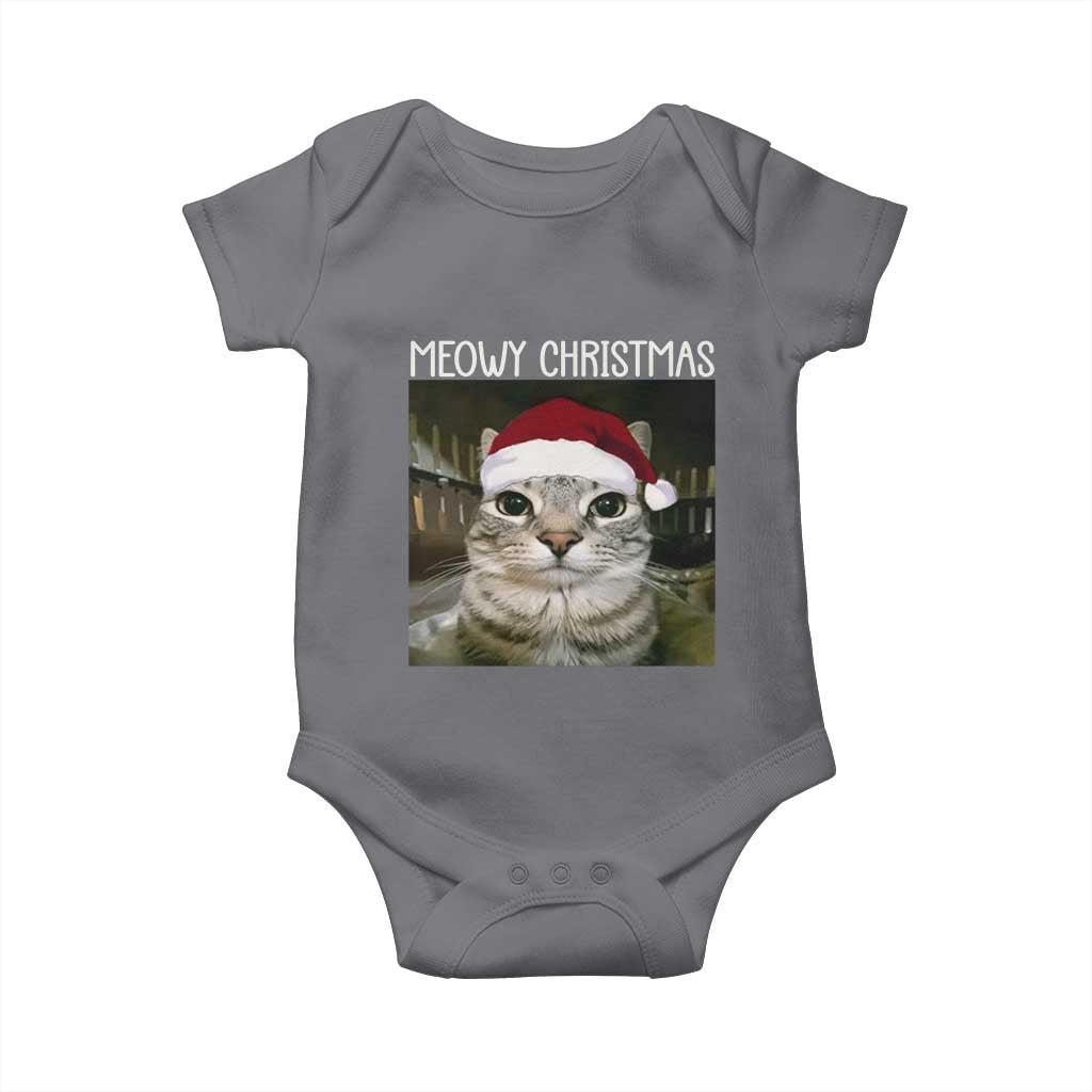 Meowy Christmas Baby Onesie Xmas Silly Staring Cat Meme Santa Hat - Wonder Print Shop