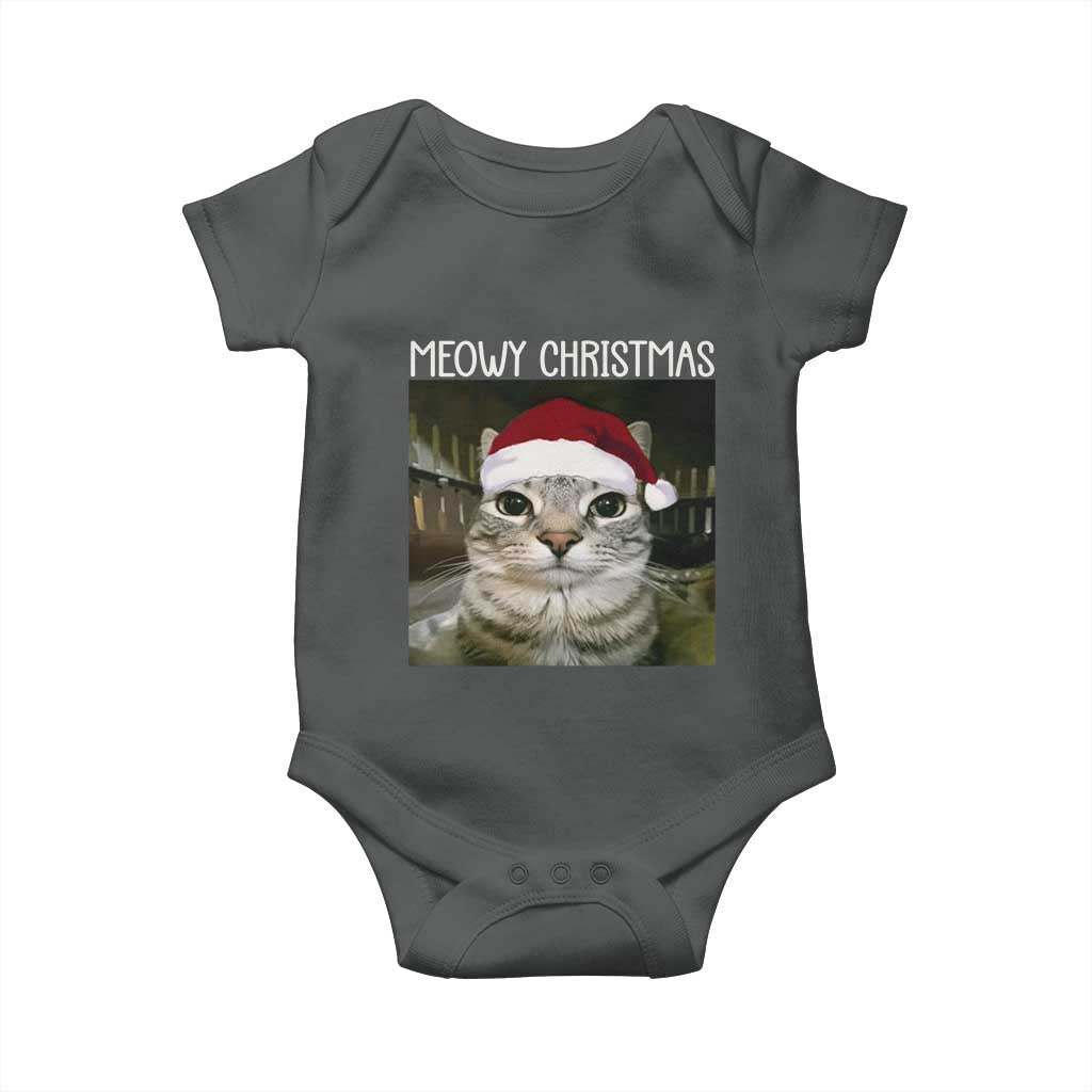 Meowy Christmas Baby Onesie Xmas Silly Staring Cat Meme Santa Hat - Wonder Print Shop