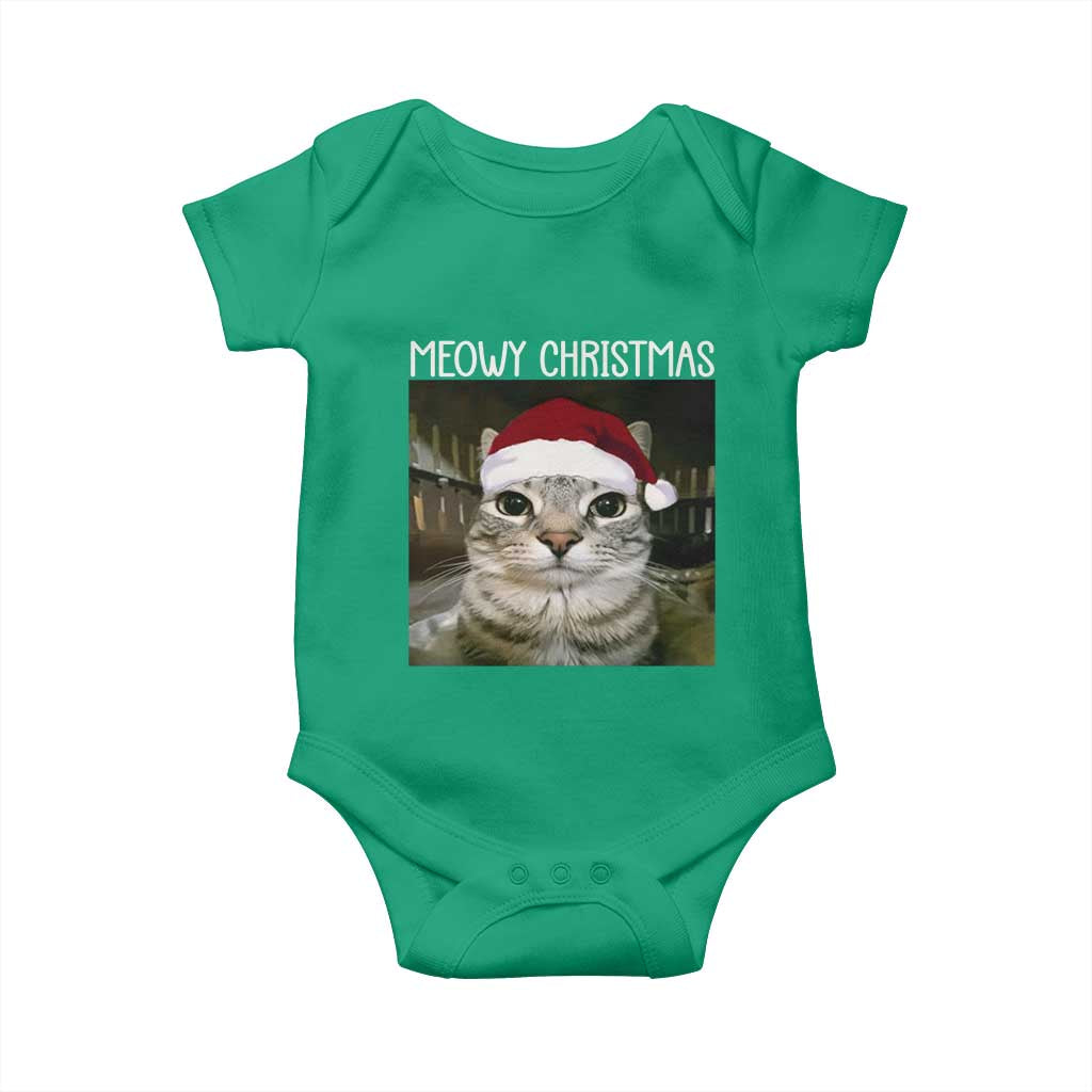 Meowy Christmas Baby Onesie Xmas Silly Staring Cat Meme Santa Hat - Wonder Print Shop