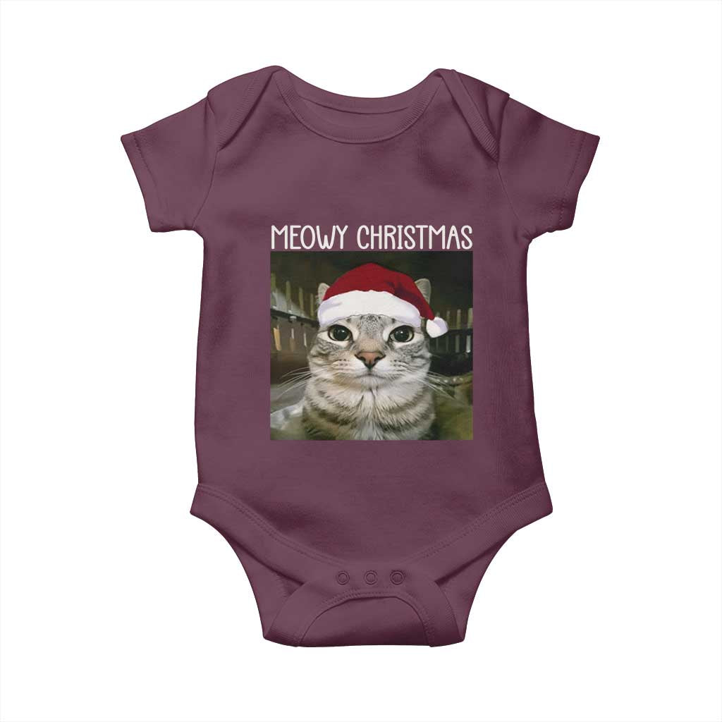 Meowy Christmas Baby Onesie Xmas Silly Staring Cat Meme Santa Hat - Wonder Print Shop