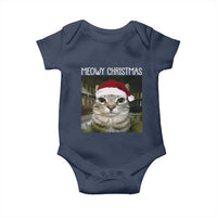 Meowy Christmas Baby Onesie Xmas Silly Staring Cat Meme Santa Hat - Wonder Print Shop