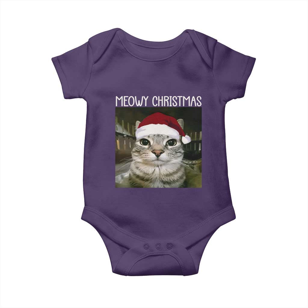 Meowy Christmas Baby Onesie Xmas Silly Staring Cat Meme Santa Hat - Wonder Print Shop